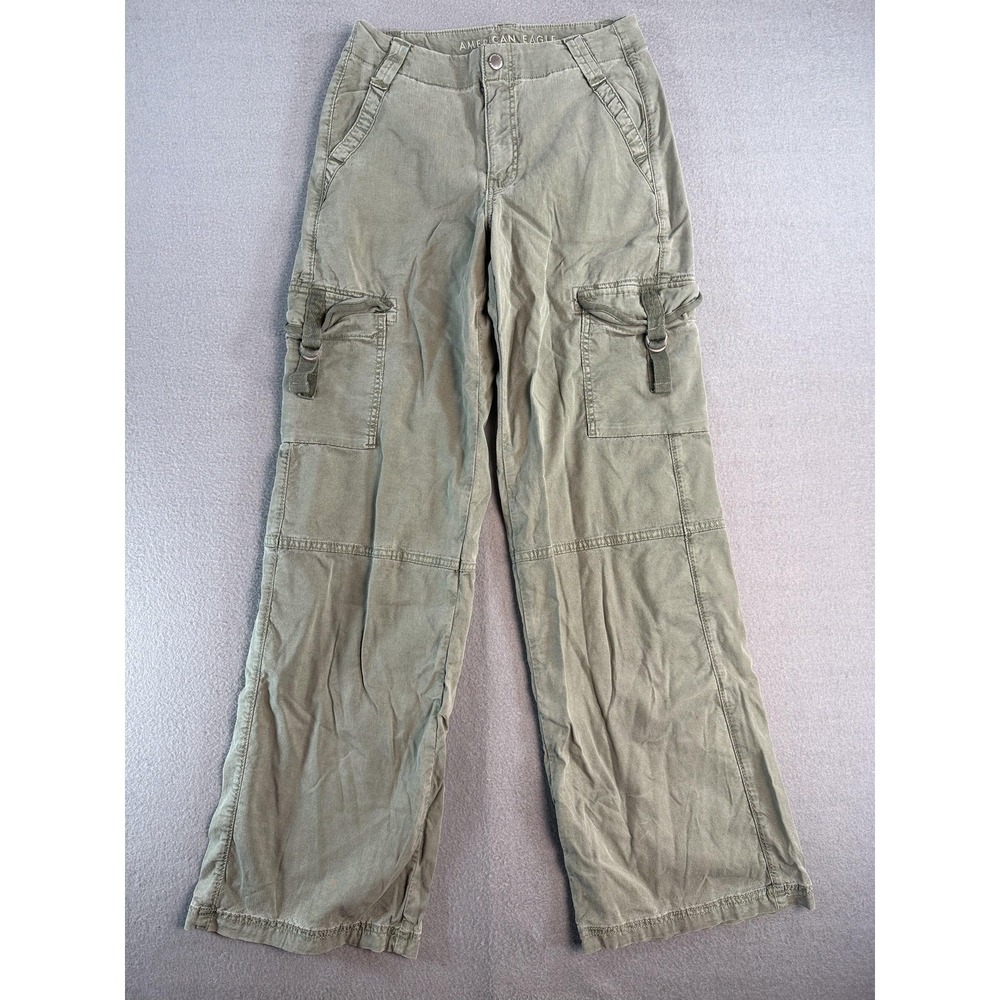 American Eagle Outfitters Cargo Pants Womens 00 Green Hi-Rise Baggy Wide Stretch